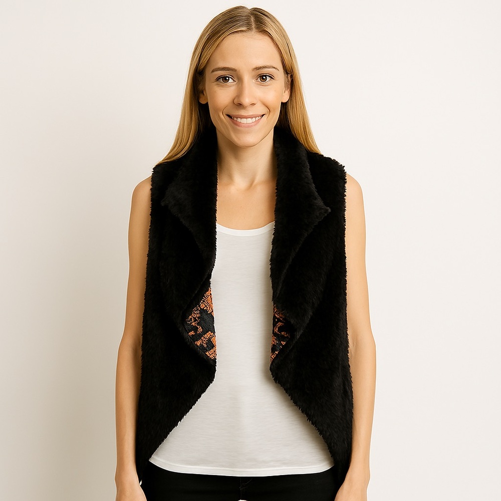 Cupio Black Faux Fur Sherpa A-line open wrap Bohemian Vest Medium NWOT